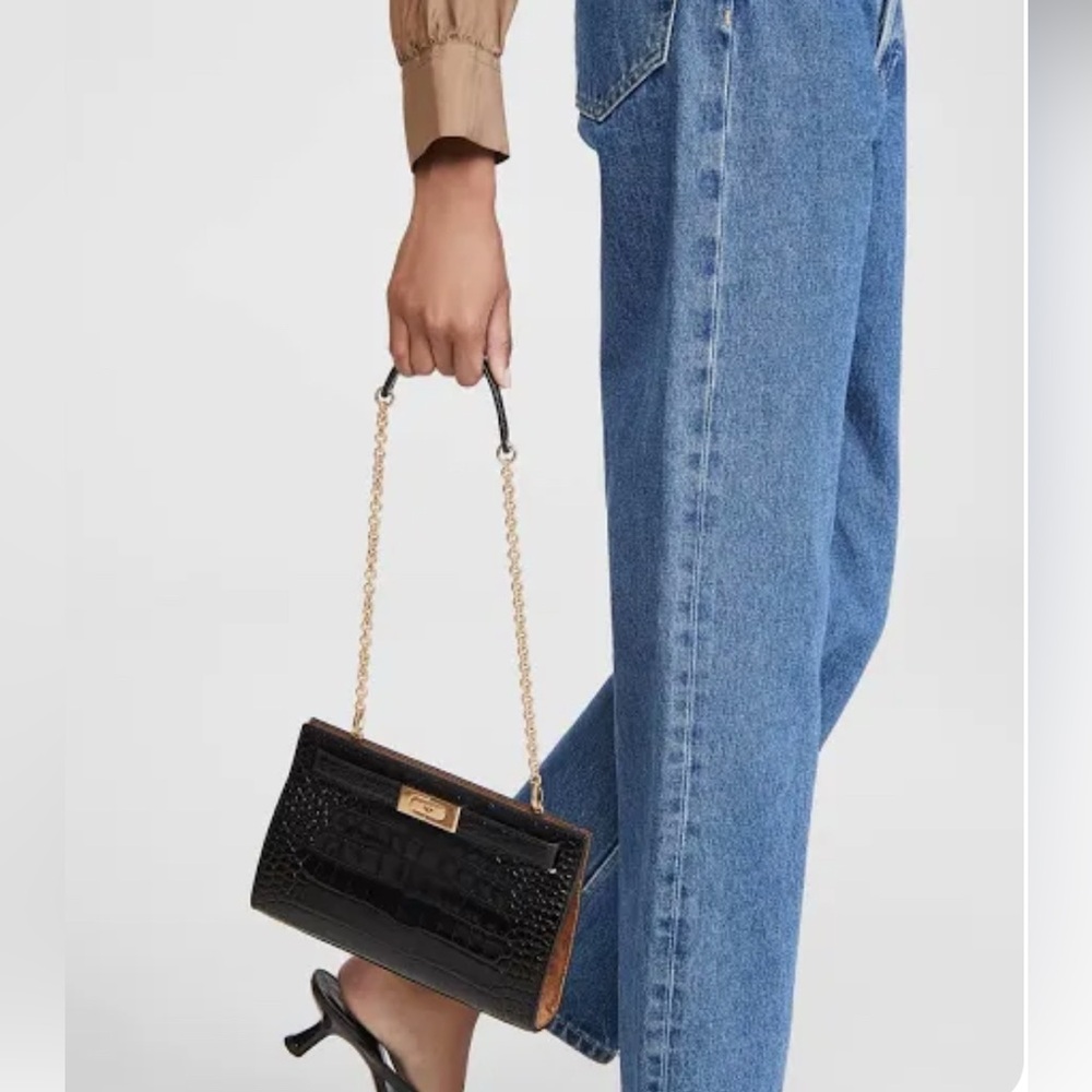 Tory Burch Lee Radziwill Black Crocodile Pattern Clutch with Chain and Lock